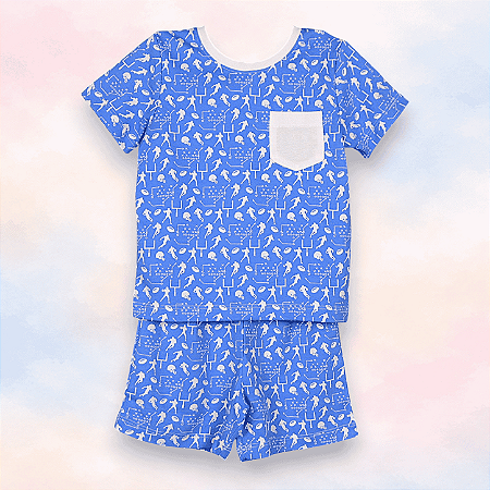 Pijama Blusa e Shorts MC - Esportes Fundo Azul com Bolso