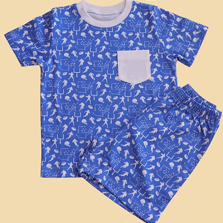 Pijama Blusa e Shorts MC - Esportes Fundo Azul com Bolso