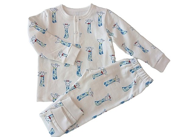 Pijama Flanelado Blusa e Calça ML - Girafa Azul