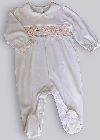 Macacão Smock Flor Salmão - Branco Liso