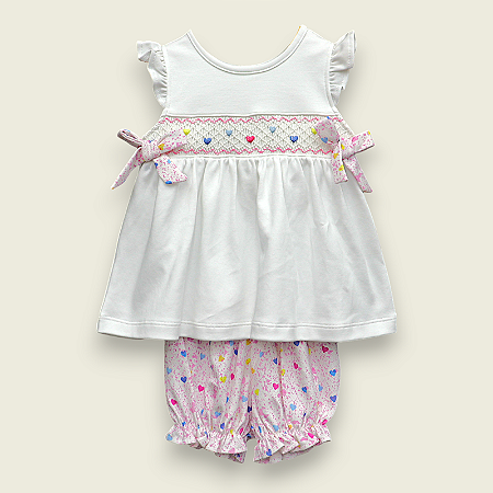 Vestido Laço Smock Corações Coloridos - Branco Liso