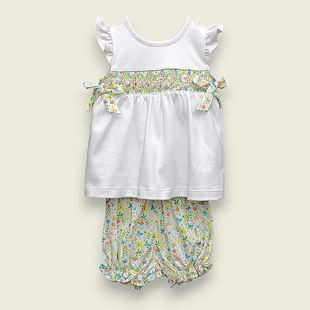 Vestido Laço Smock Losango Verde e Amarelo - Branco Liso