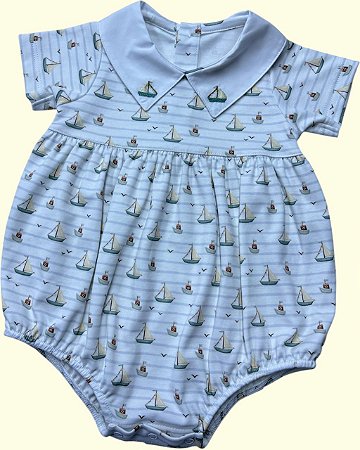 Macaquinho Body Barcos e Gaivotas - Gola Branca com Barco