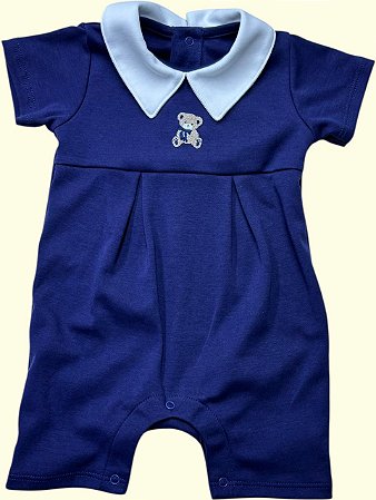 Macaquinho Bordado Ursinho Azul Escuro - Azul Escuro Liso Gola Branca