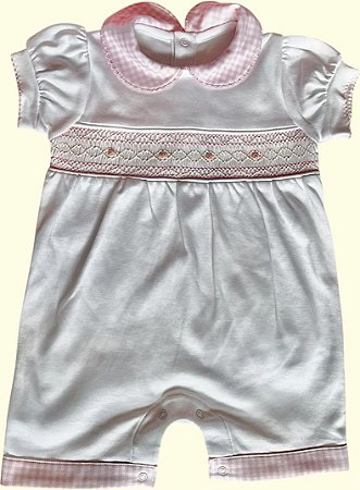 Macaquinho Smock Florzinha Rosa - Branco Liso Gola Xadrez Rosa