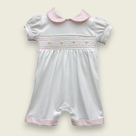 Macaquinho Smock Florzinha Rosa - Branco Liso Gola Xadrez Rosa