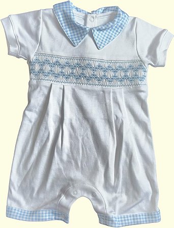 Macaquinho Smock Prisma Azul - Branco Liso Gola Xadrez Azul
