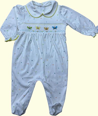 Macacão Smock Borboletas Coloridas - Letras Coloridas