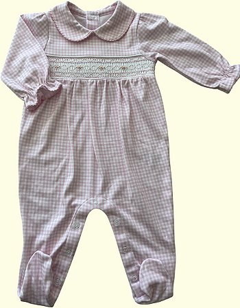Macacão Smock Florzinha Rosa com Losango - Xadrez Rosa