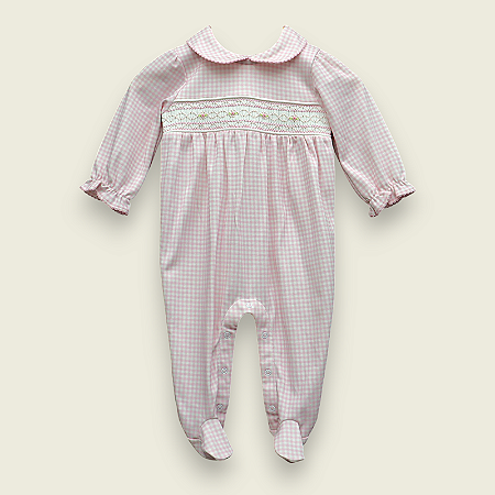 Macacão Smock Florzinha Rosa com Losango - Xadrez Rosa