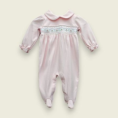 Macacão Smock Tulipa Folhas Verdes - Rosa Liso