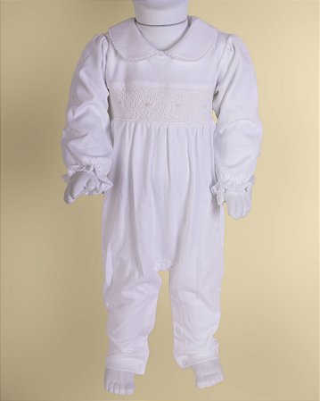 Macacão Smock Bordado Branco Menina - Branco Liso