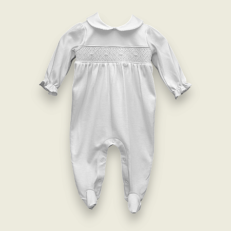 Macacão Smock Bordado Branco Menina - Branco Liso