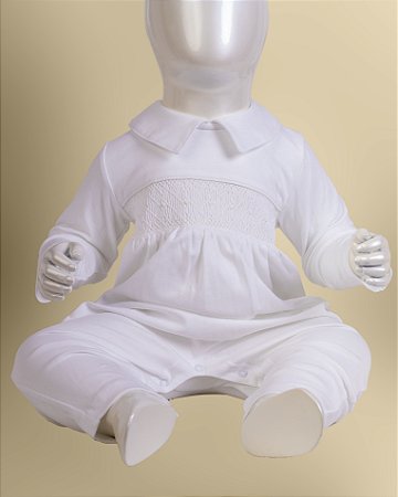 Macacão Smock Bordado Branco Menino - Branco Liso