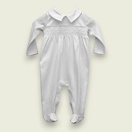 Macacão Smock Bordado Branco Menino - Branco Liso