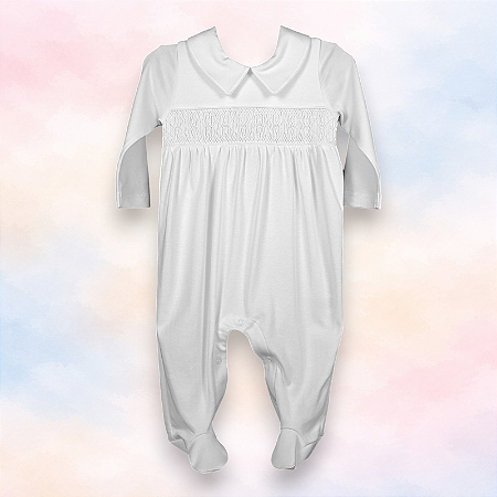 Macacão Smock Bordado Branco Menino - Branco Liso