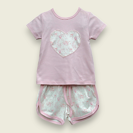 Pijama Blusa e Shorts MC - Coração de Ursinho e Balões Rosa