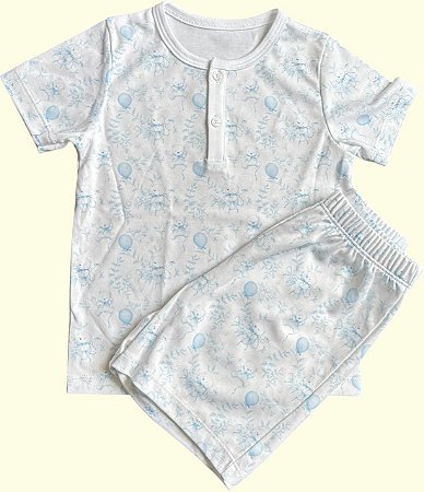 Pijama Blusa e Shorts MC - Ursinho e Balões Azuis
