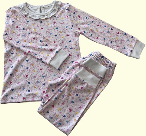 Pijama Blusa e Calça ML - Corações Coloridos Fundo Pontilhado Rosa