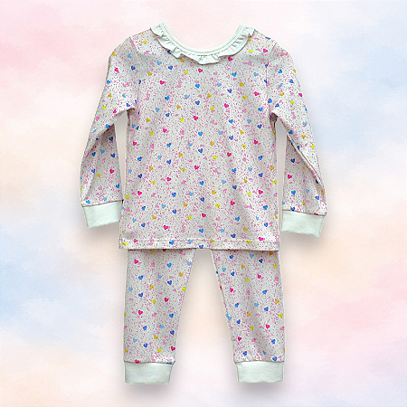 Pijama Blusa e Calça ML - Corações Coloridos Fundo Pontilhado Rosa