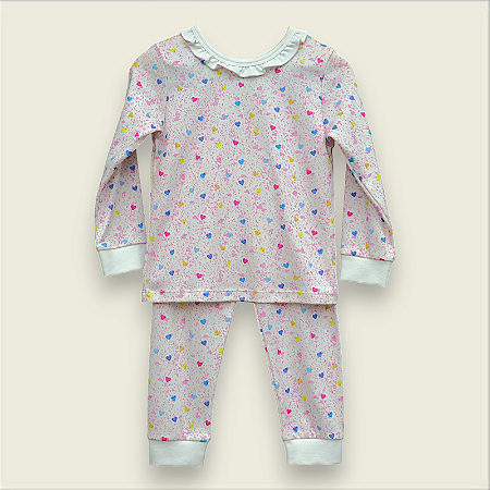 Pijama Blusa e Calça ML - Corações Coloridos Fundo Pontilhado Rosa