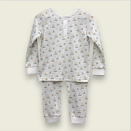 Pijama Blusa e Calça ML - Barcos e Gaivotas Listrado