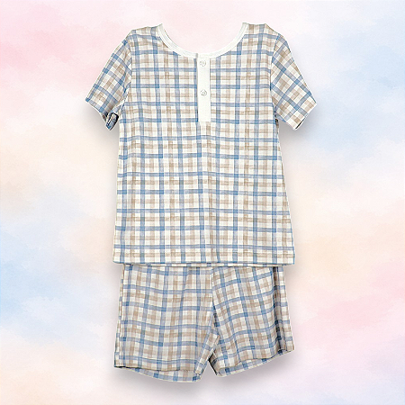 Pijama Blusa e Shorts MC - Xadrez Azul e Bege