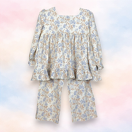 Pijama Blusa e Calça ML Gola Quadrada - Floral Bege e Lilás