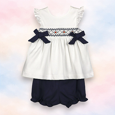 Vestido Laço Smock Rosa com Losango Azul Marinho - Branco Liso