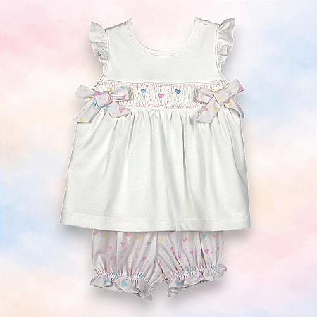 Vestido Laço Smock Corações Coloridos Claros - Branco Liso