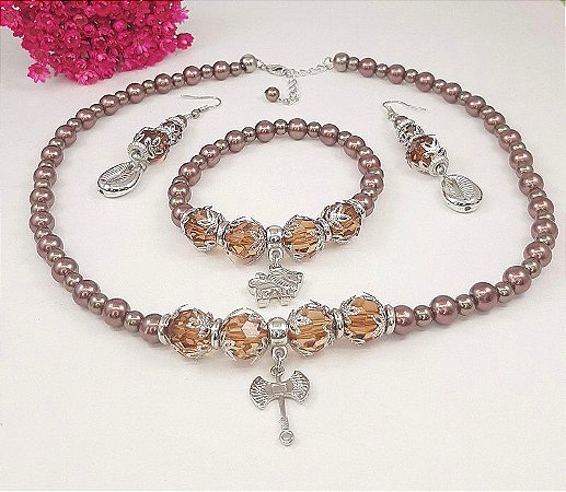 Conjunto Orixá Xango (Colar + Brinco + Pulseira) Umbanda e Candomblé