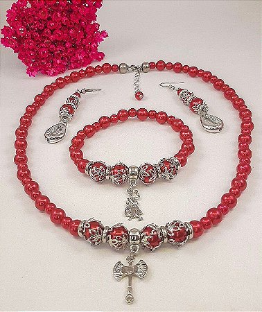 Conjunto Orixá Xango Modelo 2 (Colar + Brinco + Pulseira) Umbanda e Candomblé