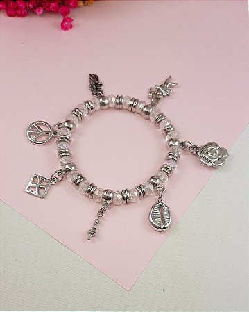 Pulseira Berloqueira para Oxalá com Cristais de Vidro e 7 Pingentes | Tamanhos Variados (transparente)