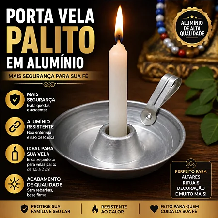 Porta Vela Palito Alumínio Castiçal Antichamas Seguro para Altar Umbanda e Decoração