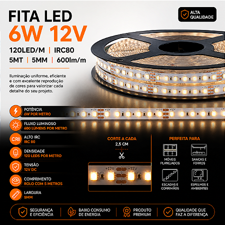 Fita LED 6W 12V 120led/m IRC80 5MT 5MM 600lm/m