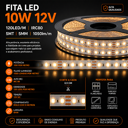 Fita LED 10W 12V 120led/m IRC80 5MT 5MM 1050lm/m