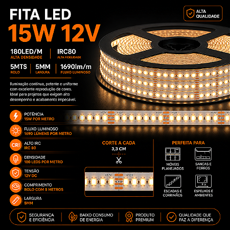 Fita LED 15W 12V 180led/m IRC80 5MTS 1690lm/m
