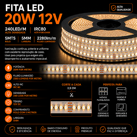 Fita LED 20W 12V 240led/m IRC80 5MTS 2280lm/m