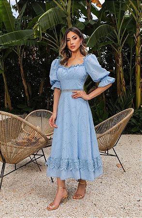 Vestido Midi luxo em Laise Doce Maria azul