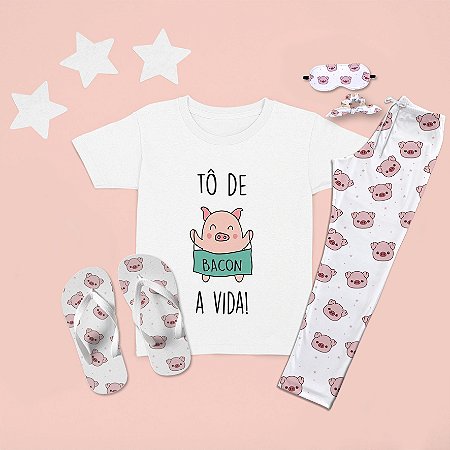 Combo Pijama longo + Camiseta Curta Porco Bacon