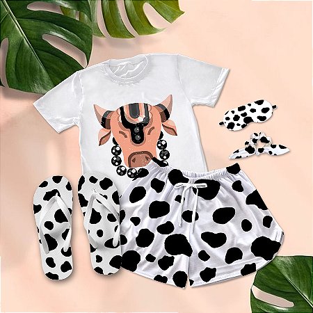 Kit Pijama Curto de Verão Vaca Colar + Chinelo de dedo