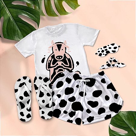 Kit Pijama Curto de Verão Cow Print + Chinelo de dedo