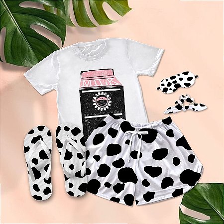 Kit Pijama Curto de Verão Leite de Vaca Milk + Chinelo de dedo