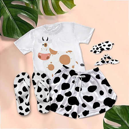 Kit Pijama Curto de Verão Cow print + Chinelo de dedo