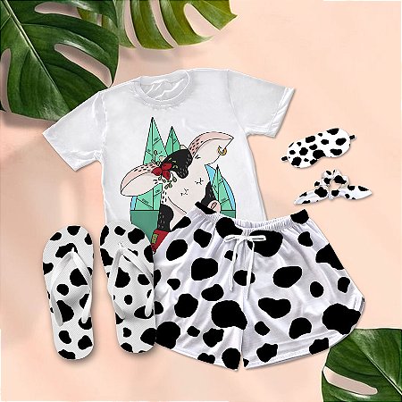 Kit Pijama Curto de Verão Cow print + Chinelo de dedo