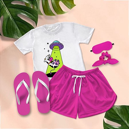 Kit Pijama Curto de Verão Alien Pink + Chinelo de dedo