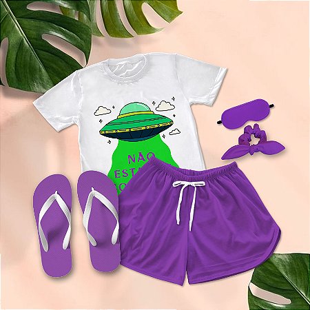 Kit Pijama Curto de Verão Alien Não estamos sozinhos + Chinelo de dedo