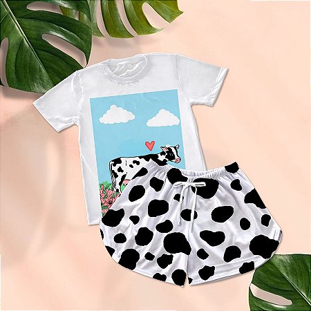 Kit Pijama Curto de Verão Vaca Desenho fundo azul