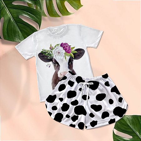 Kit Pijama Curto de Verão Vaca Coroa de Flores