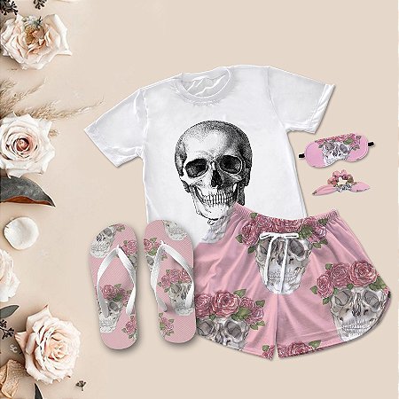 Kit Pijama Curto de Verão Estampa Caveira + Chinelo de dedo